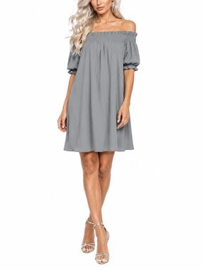 Off Shoulder Smocked Mini Dress Gray Boho Peasant Shift Dress Size Large